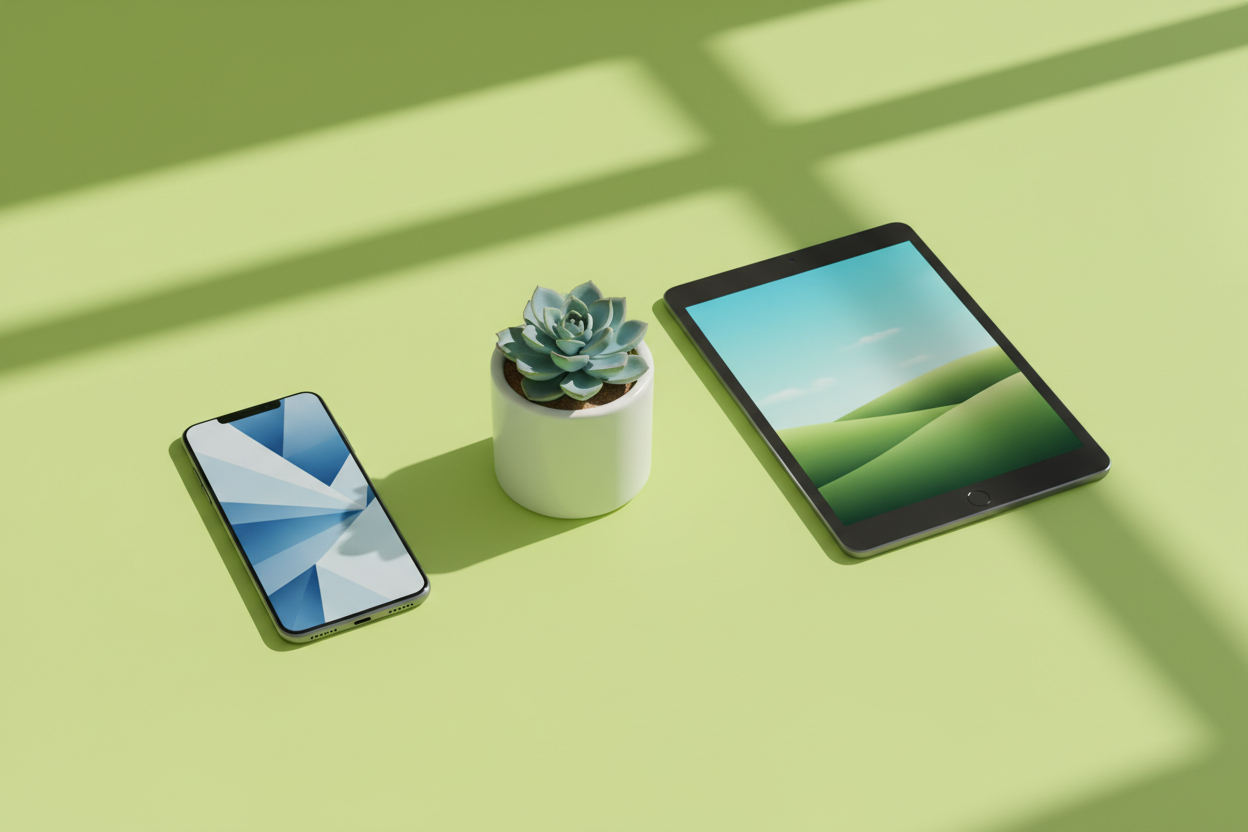 a phone, a succulent and a tablet with a green background
