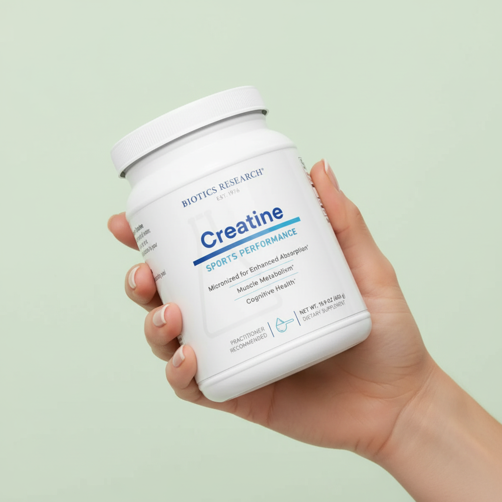 woman's right hand holding the creatine product in this store with a light green background